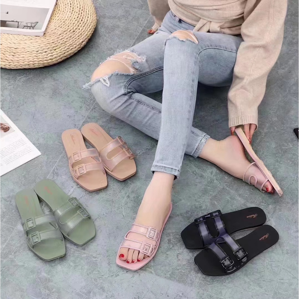 New Korean fashion women flat sandals slippers double buckle | Shopee ...