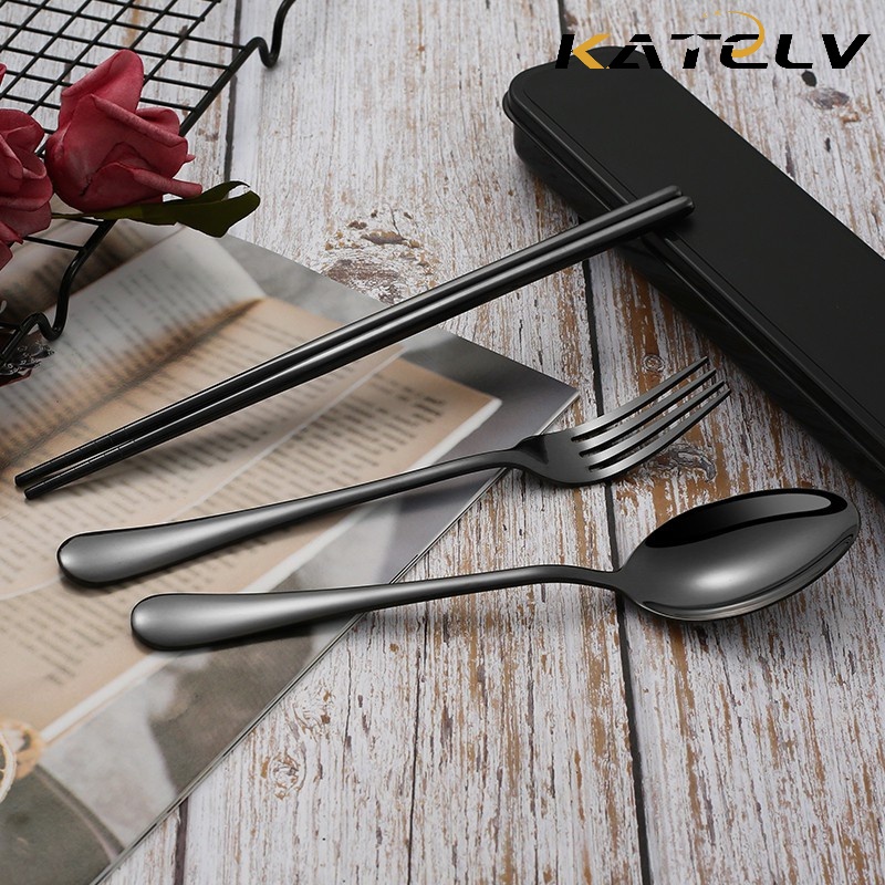 KATELV 3 In 1 Black Cutlery Set Travel Stainless Steel Spoon And Fork