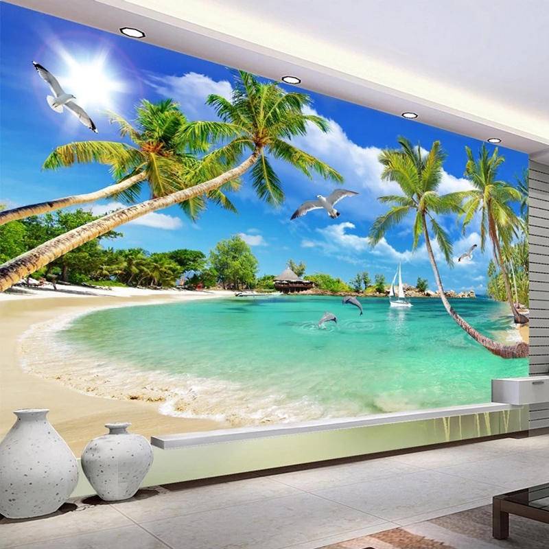 Seascape Custom Wall Paper Murals Beach Coconut Tree 3D Photo Wallpaper ...
