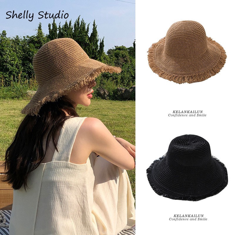Hat woman summer straw hat woman folding outdoor sunshade hat furry edge  hollowed beach hats women fashion elegante cap