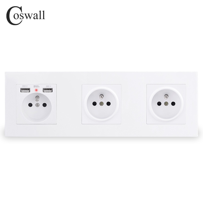 COSWALL Triple French Polish Wall Socket With 2 USB Charge Port Hidden ...
