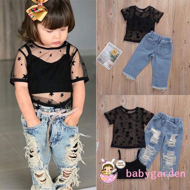 Babygarden)-Baby Girl Set Black Vest + See Through Short Sleeve Mesh Tops  +Ripped Denim Pants Outfits Clothes Set