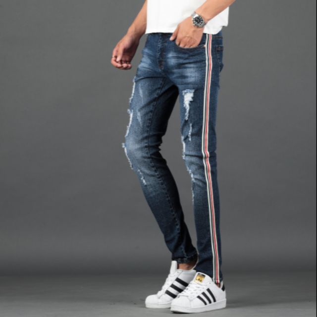 Mens skinny jeans with store stripe down the side