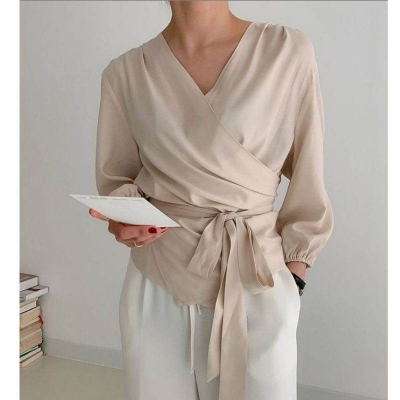 Kookai beige wrap top, Women's Fashion, Tops, Blouses on Carousell