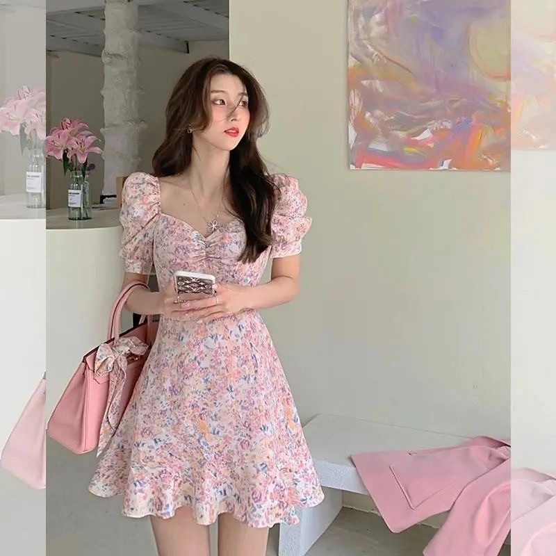 Summer 2022 New first love Floral dress French square collar A-word oil ...