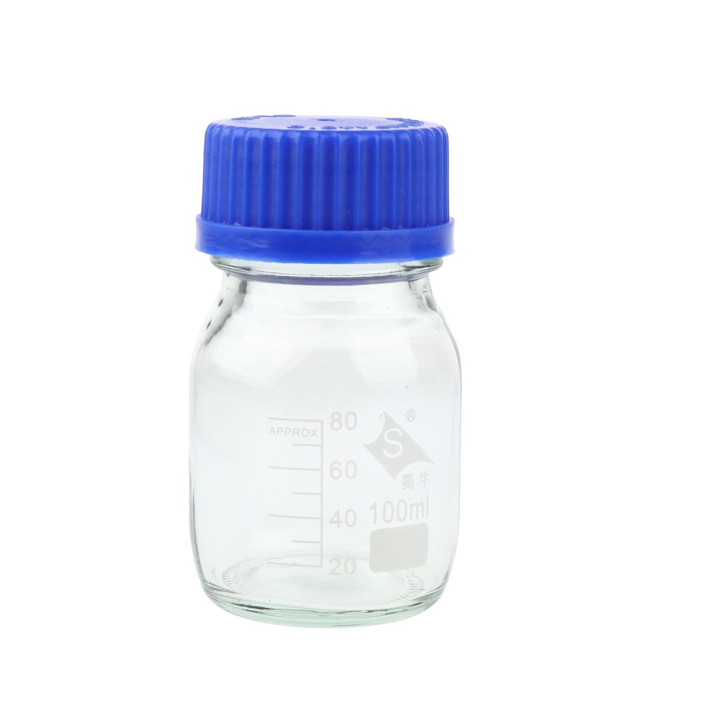 Graduated Round Glass Reagent Bottles Blue Caps Screw On Covers 100ml 250ml 500ml 1000ml 7865