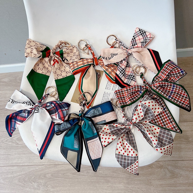 Fashion Plaid Silk Scarf Bow Car Keychain Personality Woven Bow Tie Key ...