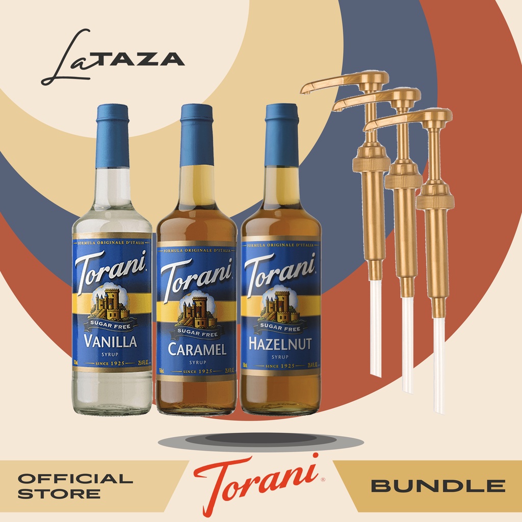 SET Torani Sugar Free Vanilla, Hazelnut & Caramel Syrup (750ml) + 3