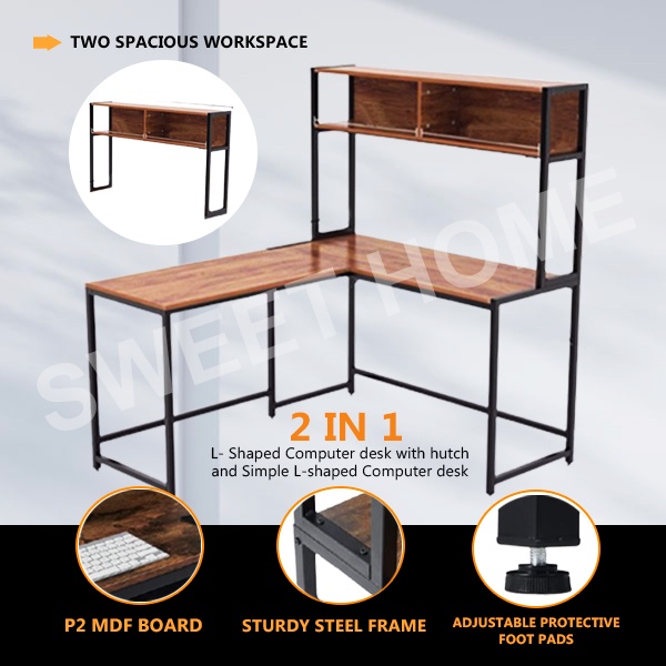 【COD】Solid Wood L Shaped Computer Desk with Hutch Office Desk Study Table Writing Desk