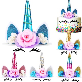 Handmade Gold Unicorn Birthday Cake Toppers set. Unicorn Horn, Ears and  flowers Set. Unicorn Party Decoration for baby shower，wedding and birthday