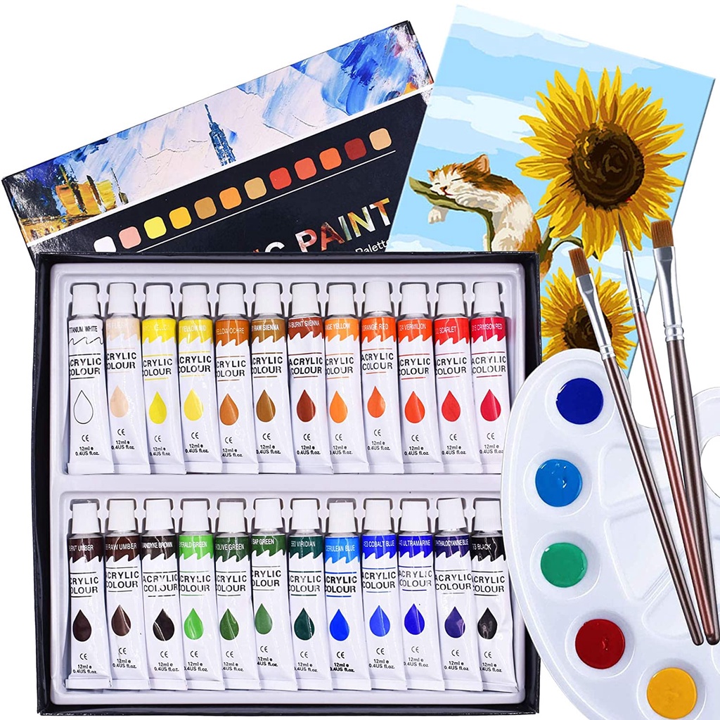 Acrylic Paint Set 24 Colors Art Set 12ml Paint Tubes 3 Pieces Brushes