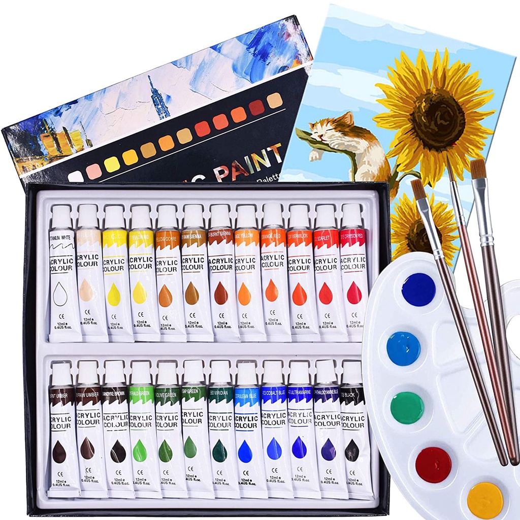 Acrylic Paint Set 24 Colors Art Set 12ml Paint Tubes 3 Pieces Brushes ...