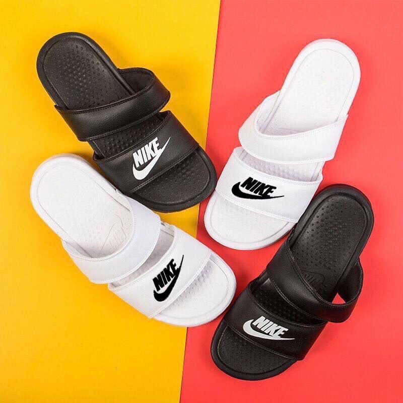 Red double best sale strap nike slides