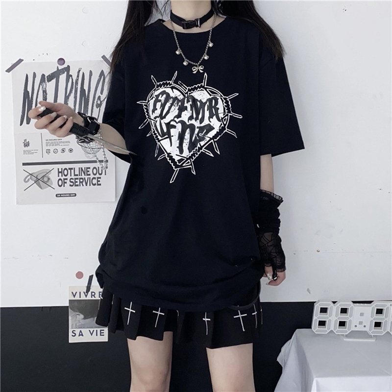 Cyuang Y2K Gothic Black T-Shirt Women Edgy Fashion Metal Rocks T