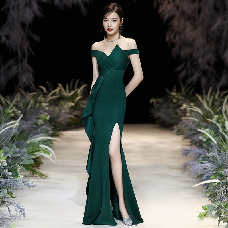 Dark Green Off Shoulder Plain Evening Dress French Temperament Ladies ...