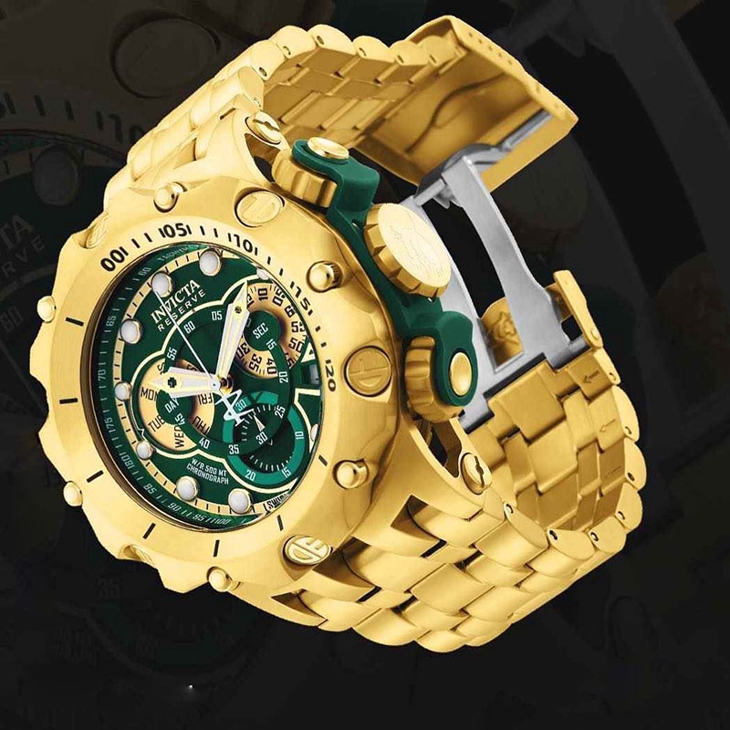 Invicta Gold Green Water Ghost Three Eyes Big Dial Steel Band