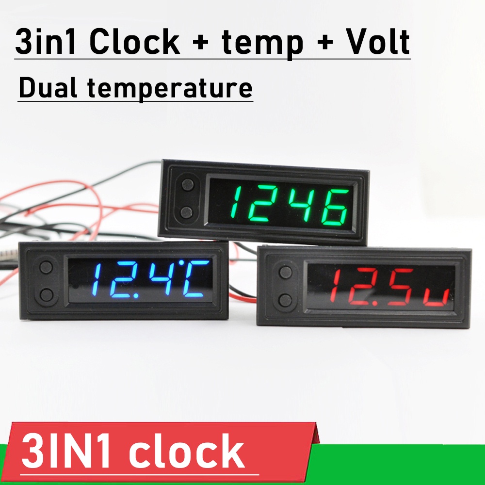 3in1 Electronic Clock + voltmeter + Dual temperature LED display