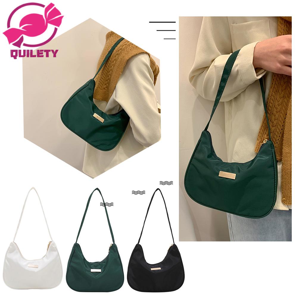 Women Nylon Solid Color Shoulder Bag Zipper Small Crescent Messenger