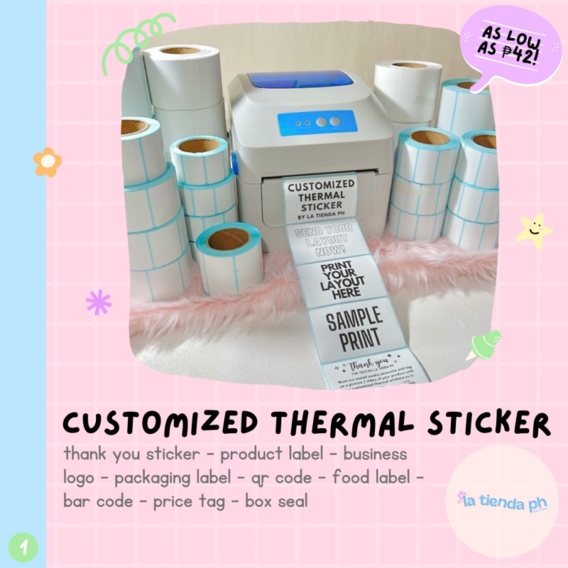 100 PCS | Customized Thermal Sticker | Black & White Print Only ...