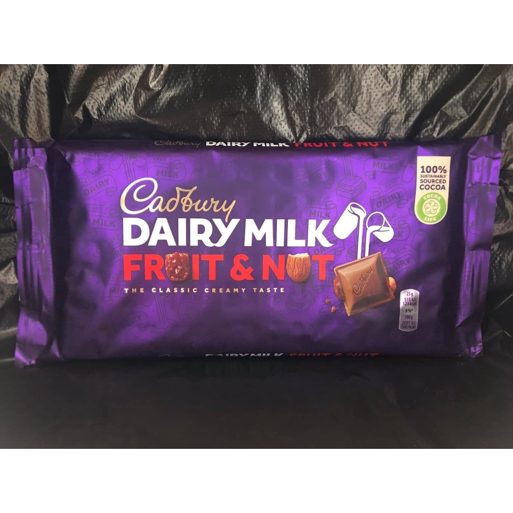 Cadbury Dairy Milk Fruit & Nut Milk Chocolate Bar, 200 g Shopee