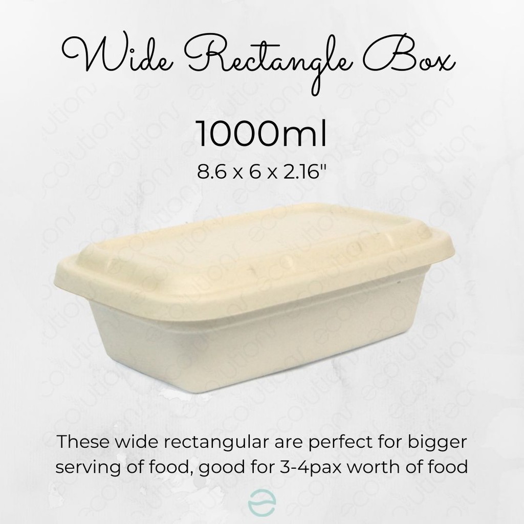 Sugarcane Bagasse Wide Rectangle Food Box with Lid - 1000ml, 1250ml ...