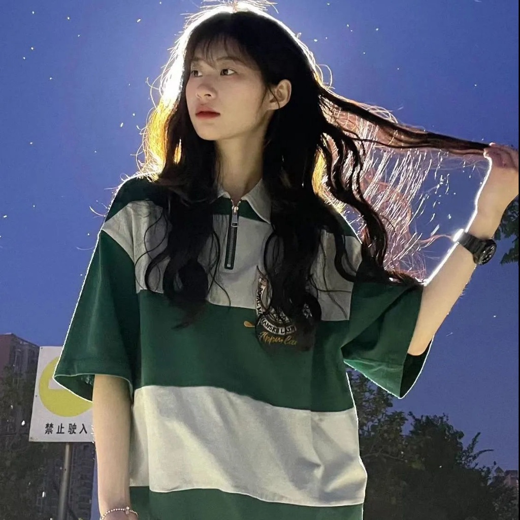 Retro Contrast Color Striped Women Polo Shirt Summer Korean Loose Trend ...