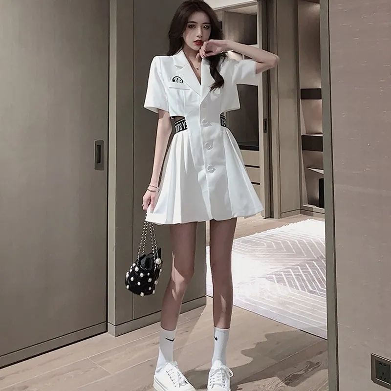 New Style Suit Collar Dress Womens Waist Reducing Slimmer Look Western Age Reducing Pleated 2794