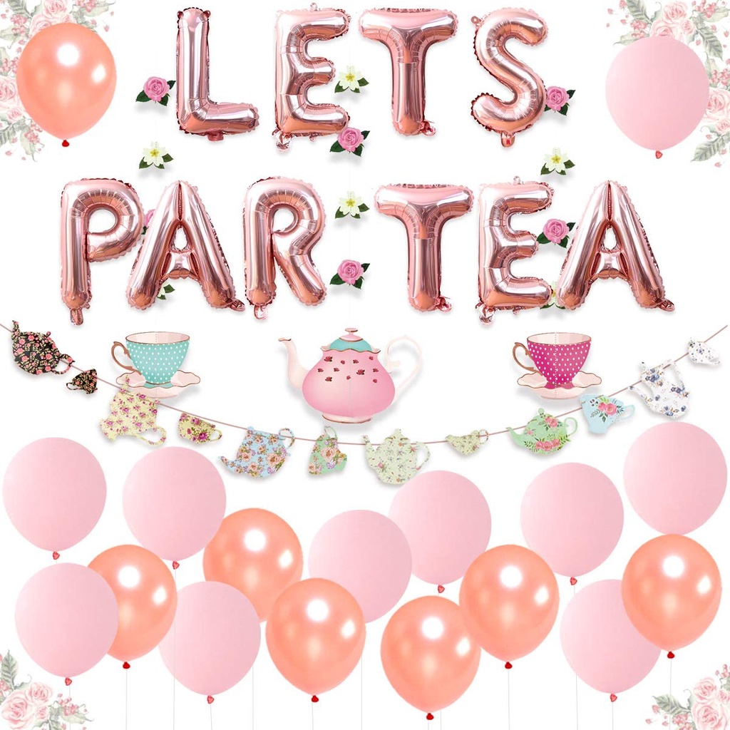 JOYMEMO Floral Tea Party Decoration Set for Little Girls Let's Par Tea ...