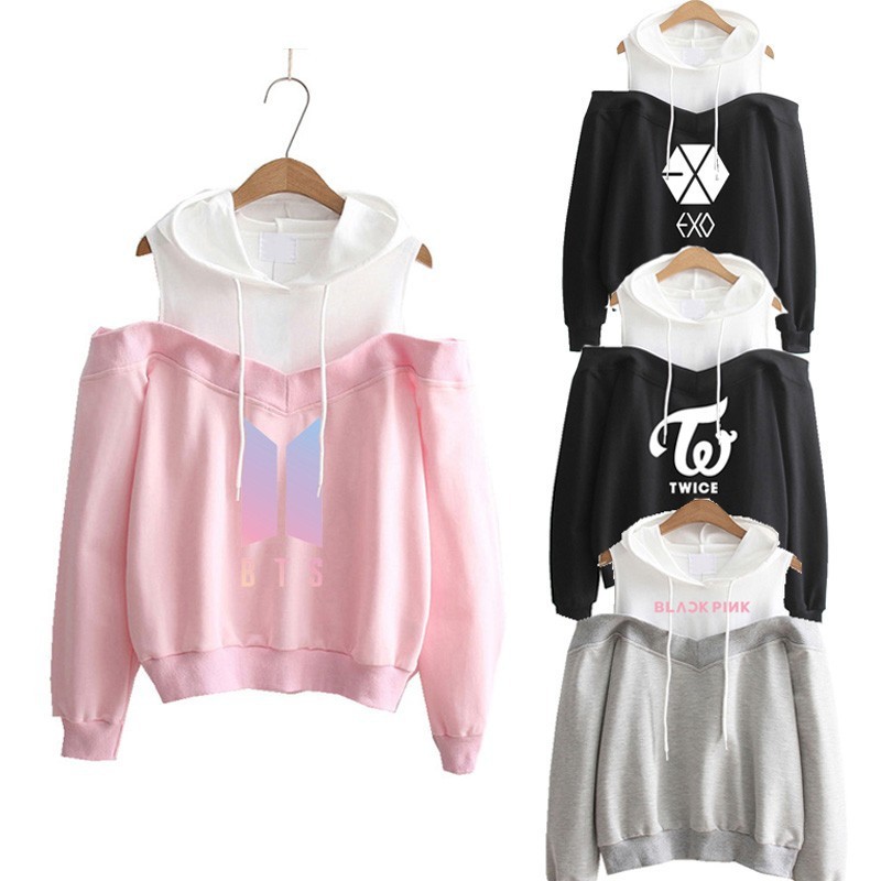 ins new blackpink bts exo twice woman Hoodie Sweater Baju bertudung di luar bahu