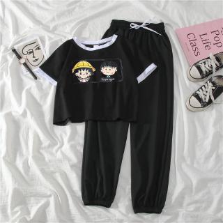 summer casual two piece sets women cute Cartoon printed short t shirt and  long pants outfit woman tracksuits