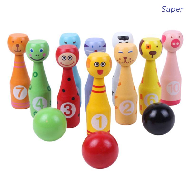 Super 13pcs/set Wooden Bowling Set 10 Pins 3 Ball Animal Bowling Game ...