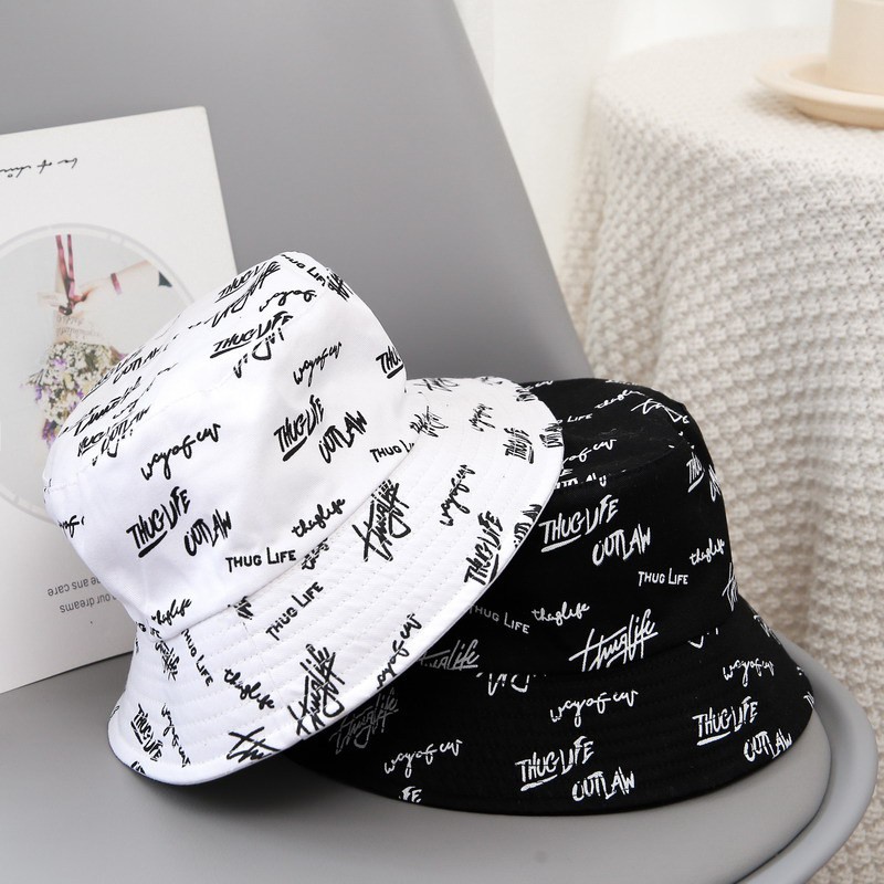Double-sided fisherman hat hipster letter graffiti all-match hat ...