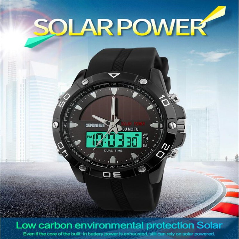 SKMEI Mens Solar Power Dual time Chronograph led Wrist Watch Clear ...