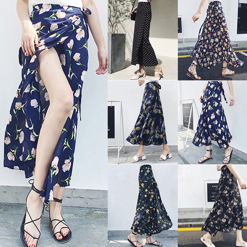 Women Retro Bohemian Long Wrap Skirt Floral Beach Skirts