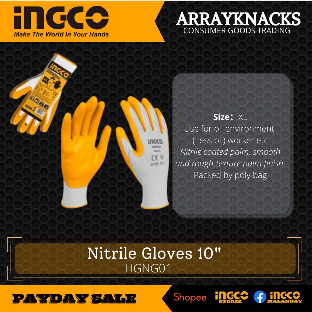 INGCO NITRILE GLOVES 10" (HGNG01) HANDTOOLS Shopee Philippines