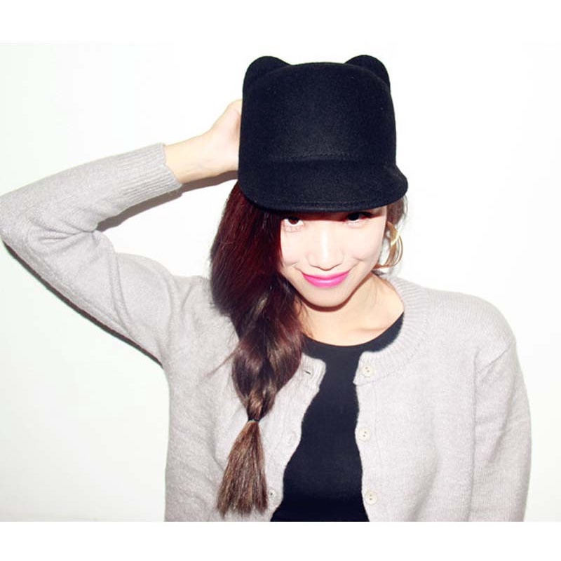 Girls Adult Wool Kitty Cat Ears Bowler Hat Derby Trilby Cap Shopee Philippines
