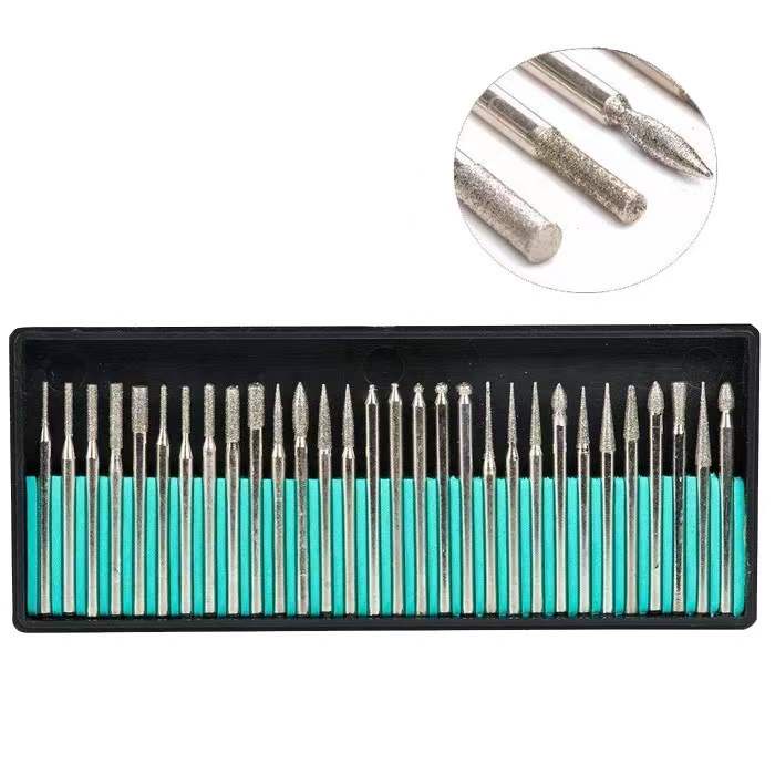 30Pcs Diamond Coated Bur Bits Drill for Glass or Stone Engraving Etching Rotary Tool Set