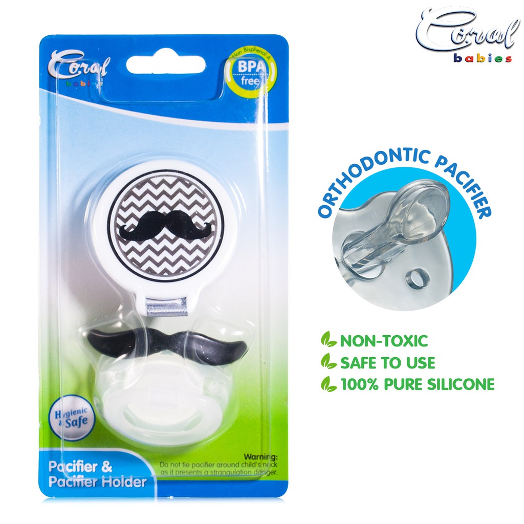 Coral Babies Silicone Orthodontic Mustache Pacifier with Holder and ...