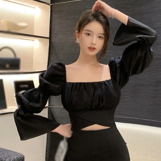 Women Korean Tops Square Neck Blouses Chiffon Top Puff Sleeve croptop  Drawstring shirt