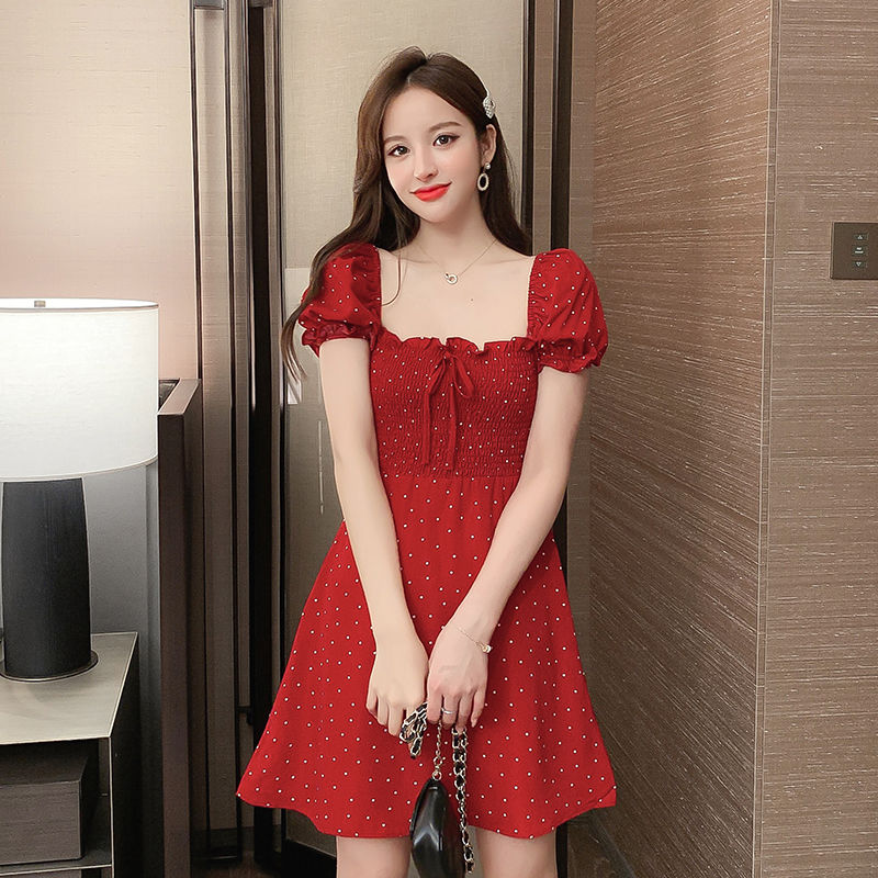 Red Square Collar Polka Dot Summer Dress Tight Waist Slimming Puff ...