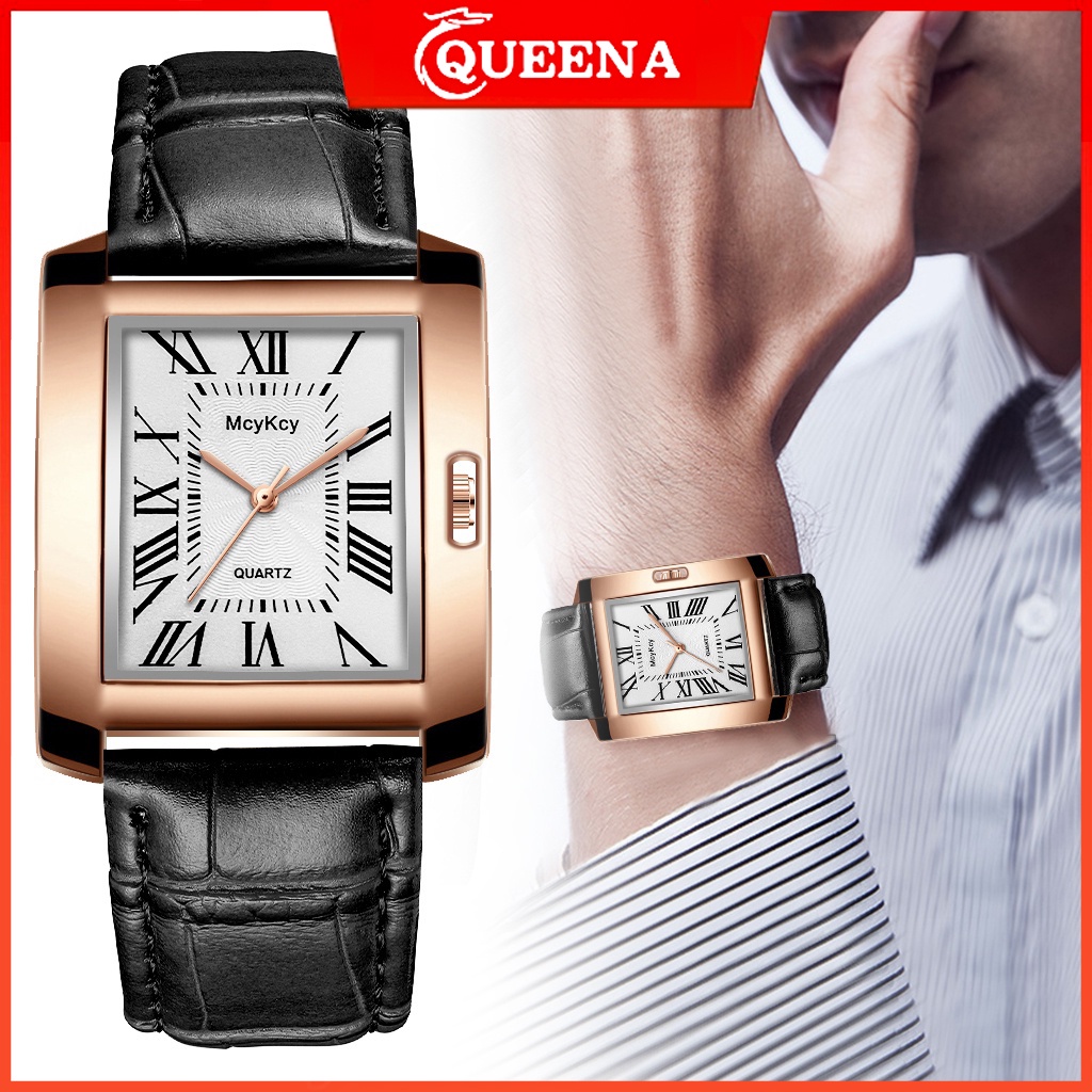 Fashion Men's Rectangle Square Leather Strap Quartz Watch | Shopee ...