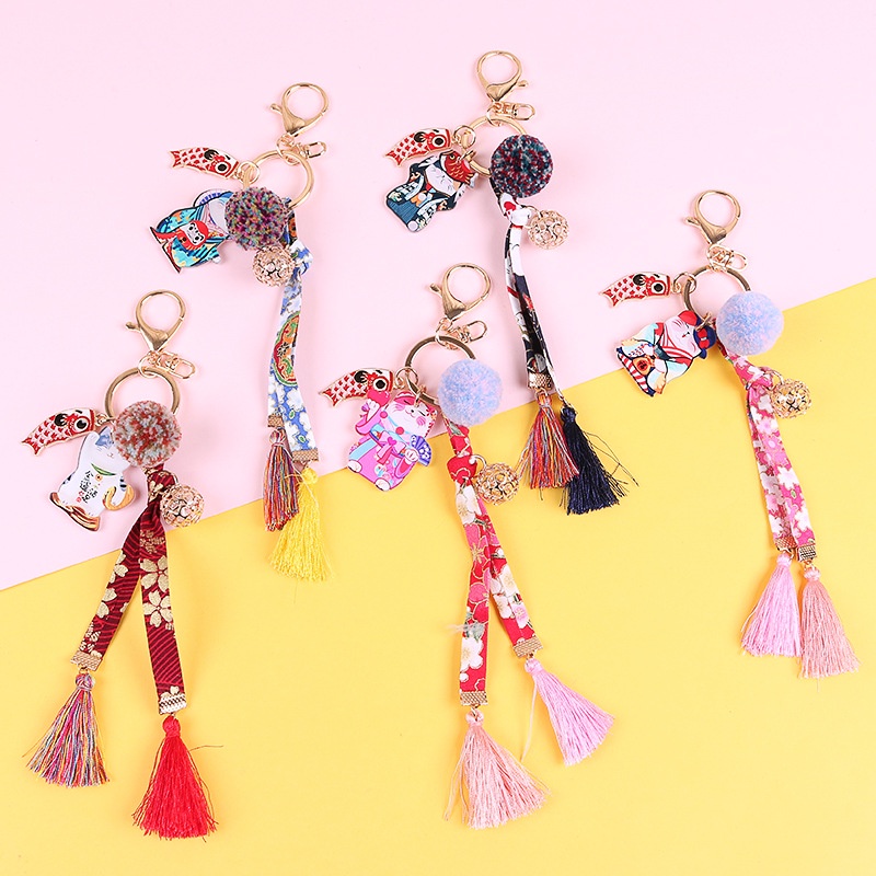 New Japanese Fortune Cat fluffy pompom ball tassels Keychain Keyring