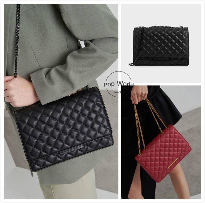 Charles and Keith Women's Sling Bag Messenger Bag Quilted Chain Strap