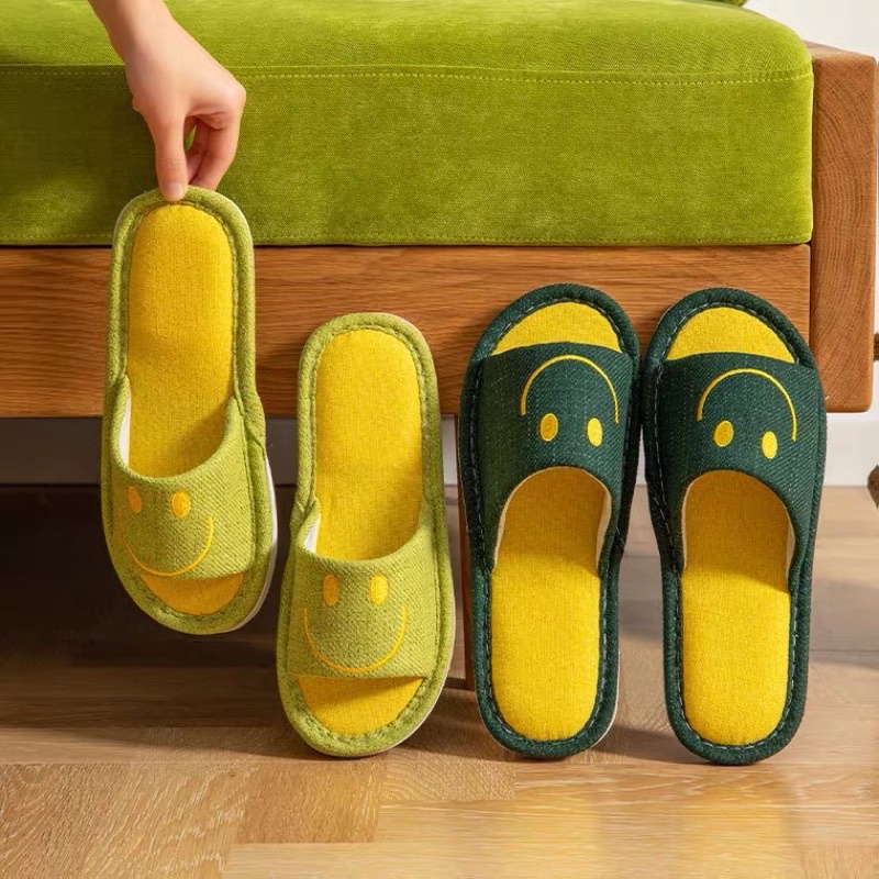 Smiley Cotton Linen Slippers Floor Nonslip Indoor Slippers for women