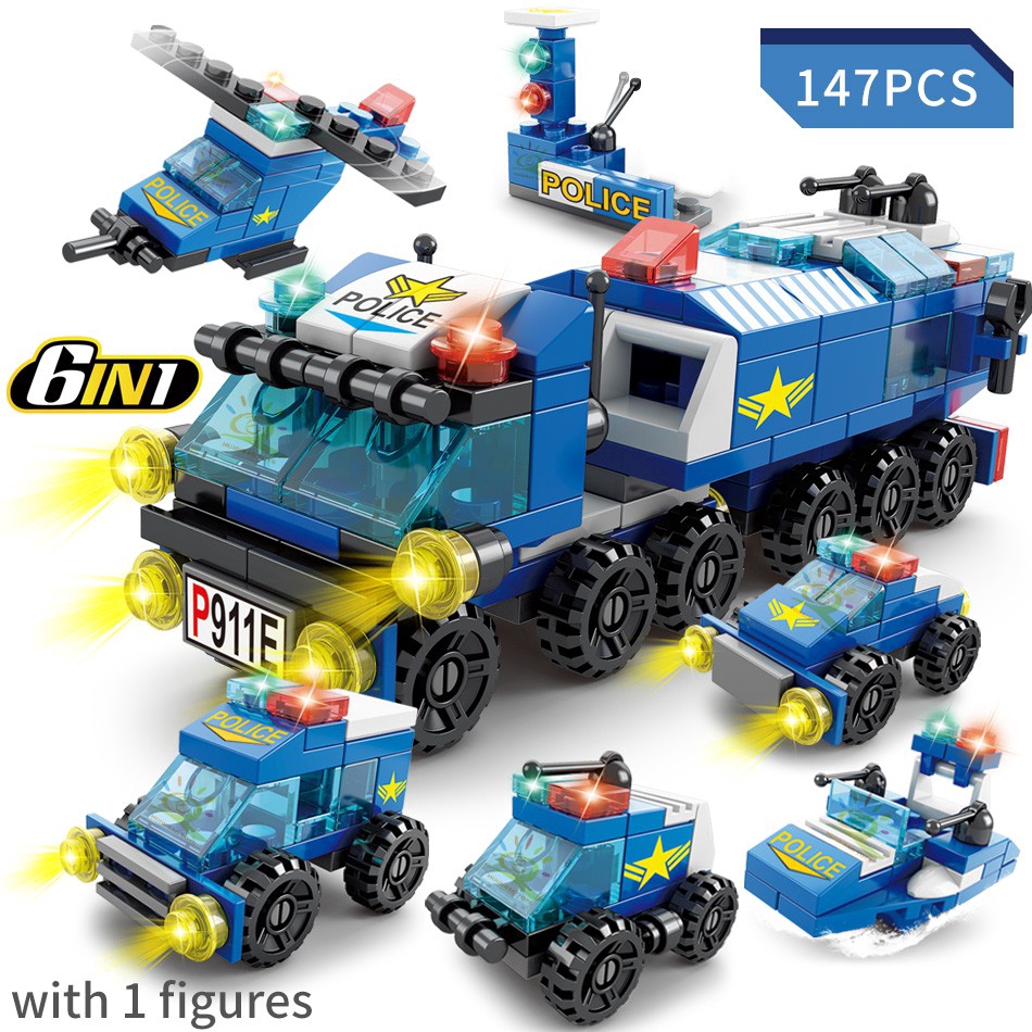 147PCS 6 IN 1 Police Series City Police Building Blocks small particles ...