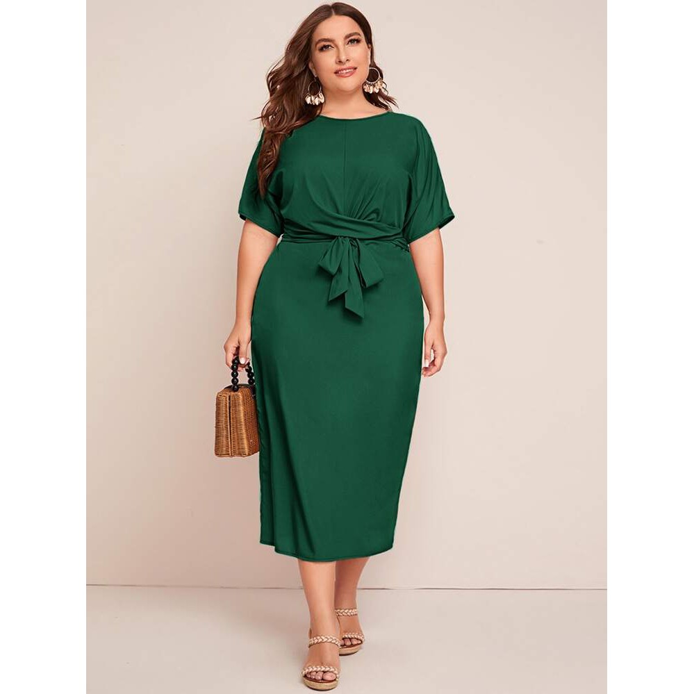 A2548 PLUS CHIC Bowknot Front Plain Plus Size Dress Shopee Philippines