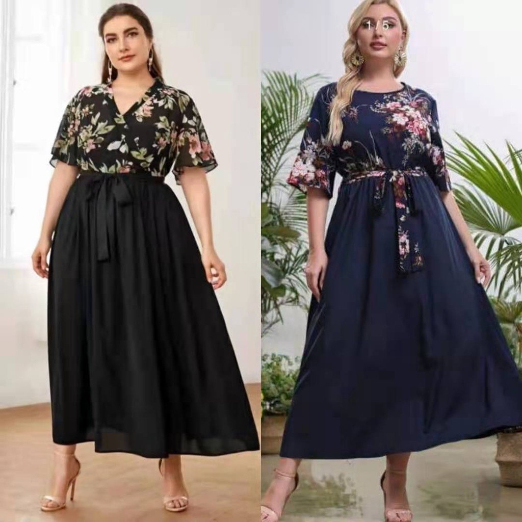 ℡plus Size Maxi Dress Women Patchwork Loose Floral Print Half Sleeve V