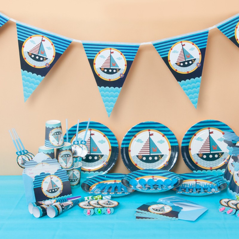 ✌❣New Blue Boat Nautical Theme Birthday Party Decoration Set Baby  Disposable Tableware Paper Cup Gif