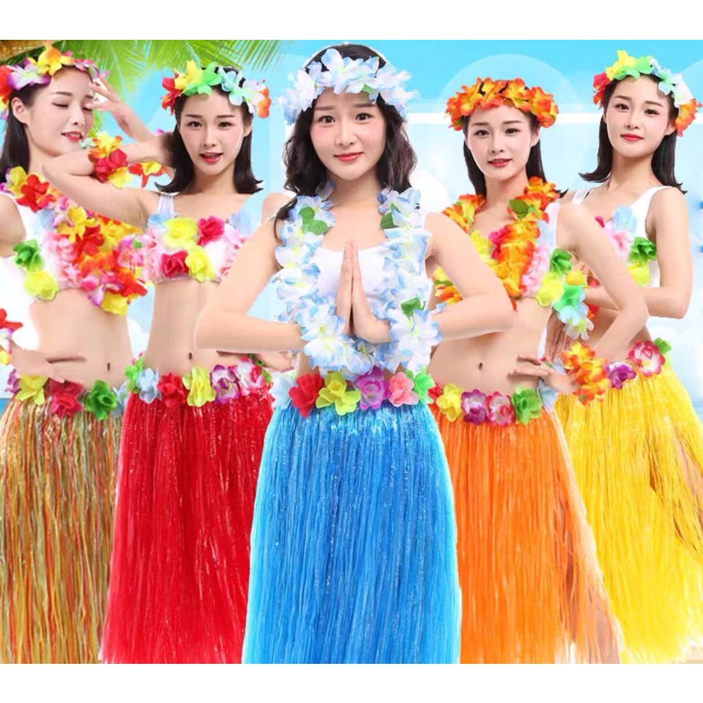 Hawaiian Dress Skirt Hula Grass Skirt With Flower Accessories Adult Lady  Costume