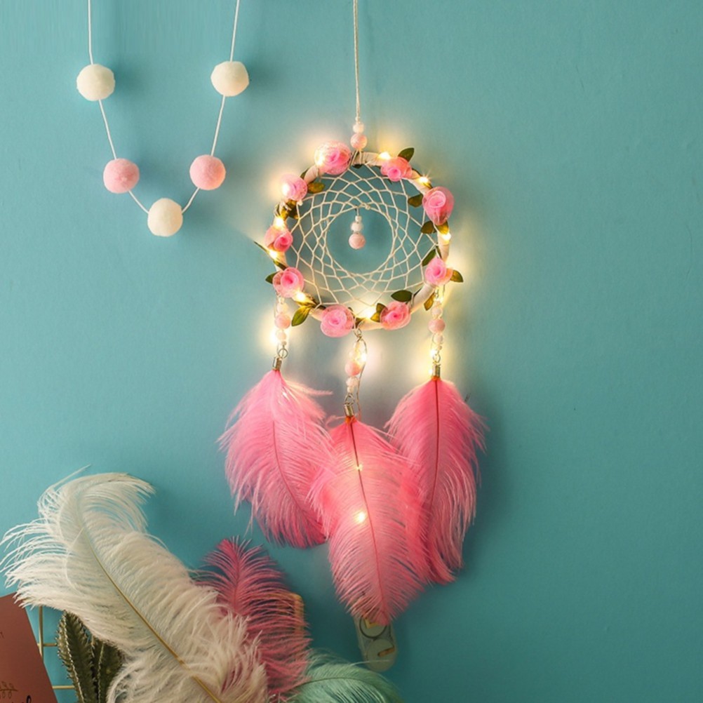 Pink Dreamcatcher with Light, Handmade, Indian Tradition, Lucky Dream  Catcher, Bedroom, Home Decor